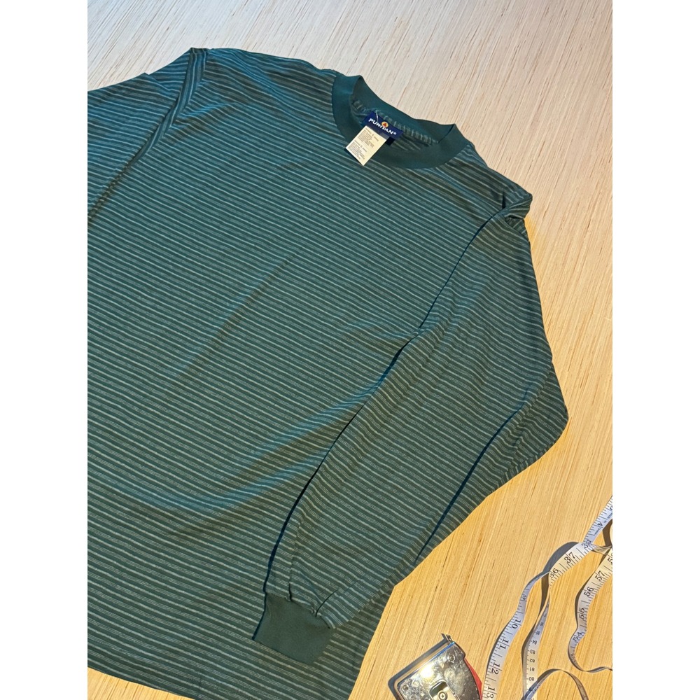 Puritan Mens Large Green Striped Long Sleeve T-Shirt Crew Neck Cotton Blend 44
